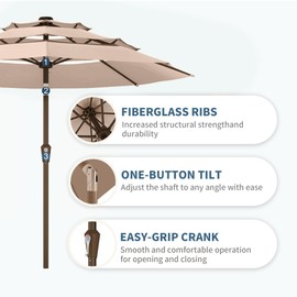 PatioKingdom 9FT 3 Tiers Patio Umbrella,Outdoor Table Market Umbrella with 8 Fiberglass Ribs for Pool,Deck, Garden,Backyard,Beige