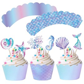 Mermaid Cupcake Toppers and Wrappers 48 pcs, Mermaid Theme Birthday Decorations, Suitable for Birthday Cupcakes, Mermaid Theme Party, Under The Sea Party