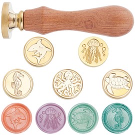 CRASPIRE 5 Styles Ocean Animal Wax Seal Stamp Head Turtles 25mm Removable Brass Head Set with 1Pcs Wooden Sealing Stamp Handle for Wedding Birthday Envelopes Invitations Gift Packing Wrap Decoration
