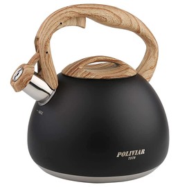 Poliviar Modern Kettle Induction Whistling Kettle Stainless Steel Tea Kettle for All Hobs Whistling Kettle with Wooden Handle Kettle for Tea Coffee Approx. 3 Litres Black (JX2018-WB20-DE)