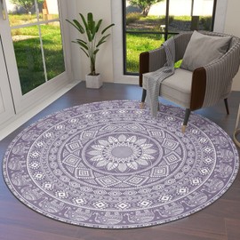 Round Area Rug 4ft Purple Boho Mandala Rug Soft Sofa Nursery Carpet Floor Mat Non Slip Area Rugs for Indoors/Outdoor Living Room Bedroom Dining Room Home Decor Bohemian Geometric Rug