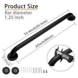 Rackickyer Shower Grab Bar, 2 Pack 32 Inch Black Bathroom Grab Bar, 1.25" Diameter 304 Stainless Steel Anti-Slip Grab Bars for Bathtubs and Showers, Handicap Shower Grab Bar for Seniors Elderly