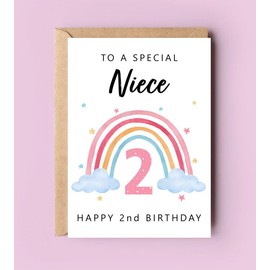 PTDShops Happy 2Nd Birthday To A Special Niece Card - Rainbow Cute Second Birthday - Niece's Second Birthday - Age 2 - Two Year Old - Getting Card - Birthday Card Gifts For Niece From Aunt And Uncle