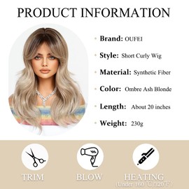 OUFEI Long Ombre Ash Blonde Wig with Curtain Fringe Natural Wavy Wigs for Women Natural Synthetic Hair Heat Resistant Wigs for Daily Party Cosplay Wear