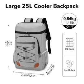Outplea 25L Insulated Cooler Backpack Men Women 24 Cans Leak-Proof Picnic Bag Cool Bag Lightweight Thermal Bag for Beach Travel Camping Lunch Grey