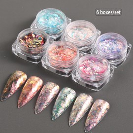 Fcozpjk Opal Nail Art Glitter Flakes, 6 Boxes Holographic Chunky Glitter Flakes Kit, Aurora Effect for Nails, Chameleon Nail Flakes Chrome Powder, Pink Blue Iridescent Sequins Paillettes