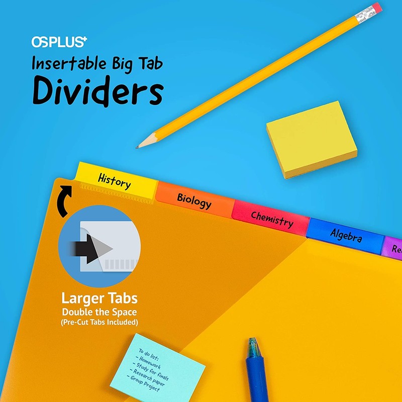 OS Plus 5-Tab Plastic Binder Dividers w/ 2 Pockets, Insertable