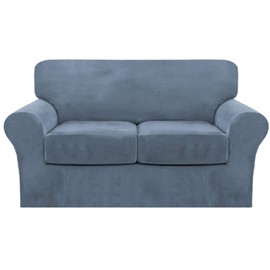 FantasDecor 3 Piece Sofa Covers Velvet for 2 Cushion Couch Stretch Loveseat Slipcover with Individual Seat Elastic Furniture Protector for Pets (Loveseat, Stone Blue)