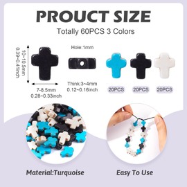 60 Pcs Turquoise Cross Beads Turquoise Stone Beads Small Cross Bead Charms Turquoise White Black Cross Crucifix Spacer Beads for Easter Holiday Bracelet Necklace Jewelry Making