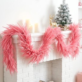 2Pcs Pink Christmas Norfolk Pine Garland,6Ft Artificial Pine Garlands Decor