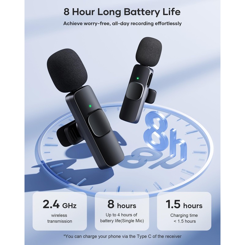 KUKIHO Wireless Lavalier Microphone, 2 Pack Mini Mic with Noise