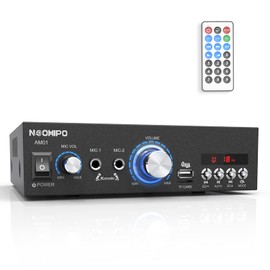 NEOHIPO Bluetooth Audio Amplifier, 2.0 Channel Hi-Fi Karaoke Amp 300W Peak Power Stereo Receiver for Home Passive Speakers, with RCA, BT, FM, USB, TF Card, 2 Micphones input and Remote Control AM01