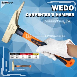 WEDO Non-Sparking Carpenter's Hammer,500g Framing Hammer with Fiberglass Handle,Aluminum Bronze Straight Rip Claw Hammer,Length 300mm,BAM&FM Certificate