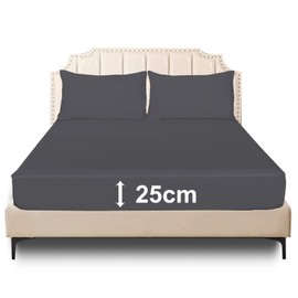 Deep Fitted Bed Sheet 25 cm Poly Cotton Mattress Cover, Plain Non Iron Deep Pocket Elasticated Bedding Sets for Girls Boys Kids Beds Protector Fitted Sheet (Charcoal, Super King)