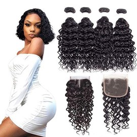 Foruiya Water Wave 4Bundles(50g/bundle) with 4X4 Lace Closure Brazilian Wet and Wavy Curly Bundles with Lace Closure(8/8/8/8+8" Closure)
