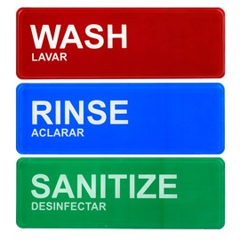 Alpine Industries Wash, Rinse, Sanitize Signage - 3 Compartment Commercial Sink Label - Colorful Highly Visible Bilingual Reminder to Staff Great for Restaurants and Commercial Kitchens