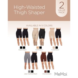 MeMoi 2 Pair Women's High-Waist Thigh Shapers, Buff-black, 1X