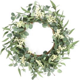 22Inch Green Eucalyptus Wreaths for Front Door Spring Summer Wreath with Olives Leaves Mixed Berry for Indoor Outdoor Farmhouse Porch Wall Window Festival Wedding Decor