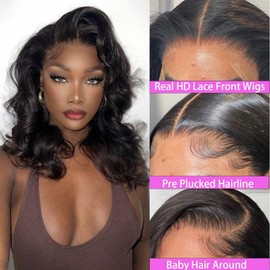 Ying Guan Bob Wig Human Hair 250 Density Body Wave HD Lace Front Wigs Human Hair 13x4 Glueless Wigs Human Hair Pre Plucked 13x4 Lace Frontal Glueless Short Bob Wigs for Black Women 14 inch