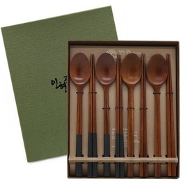 Inhyeon Workshop Natural Lacquer Charcoal + Basic Wooden Cutlery 4-Piece Family Set Premium Wooden Cutlery Paper Case Packaging / 인현공방 천연 옻칠 숯+베이직 나무수저 4P 가족세트 고급 우드수저 종이케이스 포장