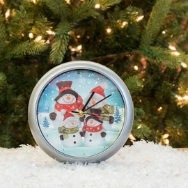 Snowman Family Winter Wonderland Round Silvertone Framed 8 Inch Musical Wall Clock