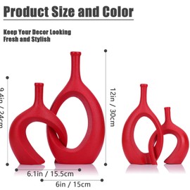 Dark Red Unique Hollow Bud Vases Set of 2,Modern Snuggle and Huging Style Ceramic Vase for Pampas Grass,Living Room Decorations for Fireplace,Coffee Table Centerpiece,Mantle,Bookshelf Decor
