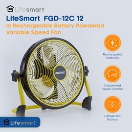 Lifesmart FGD-12C 12 Inch Rechargeable Battery Powdered Variable Speed Fan with Non Slip Feet, USB Charing Port, and Built In Carry Handle, Yellow