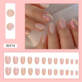 24 Pcs False Nails Almond Medium, French Tip False Nails With Glue，Full Cover Press on Nail Medium Long, Acrylic Fake Nail，Stick on Nails for Women, DIY Nail Art