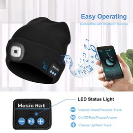 Etsfmoa Unisex Bluetooth Beanie Hat with Light Wireless Headphones Gifts for Men Dad Black