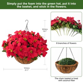 Poinsettia Artificial Fake Christmas Hanging Flowers Plants Basket for Outdoors Decoration Outside Red Faux Silk Poinsettia Berry UV Resistant Xmas Decoration for Porch Garden Yard Holiday New Year