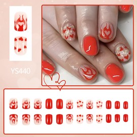 24 Pcs Heart Press on Nails Short Oval Fake Nails Valentine's Day False Nails with Red Heart Love Flame Designs, Full cover Holiday Acrylic Stick on Nails Artificial on Nails for Women and Girls
