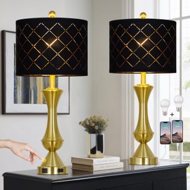 luxeflow 29" Gold Modern Table Lamps Set of 2, 3-Way Dimmable Touch Lamps for Nightstand with USB A+C & Outlets,Brass Lamps for Living Room, Bedroom, Nightstand, Entryway(2 Bulbs Included)
