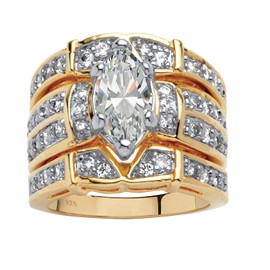 PalmBeach Yellow Gold-Plated or Sterling Silver Marquise Cut Cubic Zirconia 3 Piece Mutli Row Bridal Ring Set Size 6
