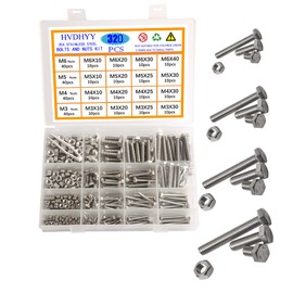 HVDHYY Hexagon Screws DIN 933 M3, M4, M5, M6 Screws and Nut Set A2-70 Stainless Steel Threaded Screws, Nuts and Bolts, Contains 16 Most Common Sizes with Reusable Storage Box – 320 Pieces