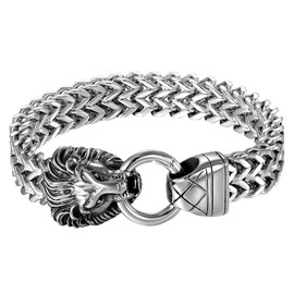 Men's Stainless Steel Lion Head Bracelet – Wide, Heavy Stainless Steel Bicycle Chain / Biker / Motorcycle Chain, High-Gloss Polished Rock & Roll Byzantine Chain / Curb Chain Bangle, Silver Black, Stainless Steel