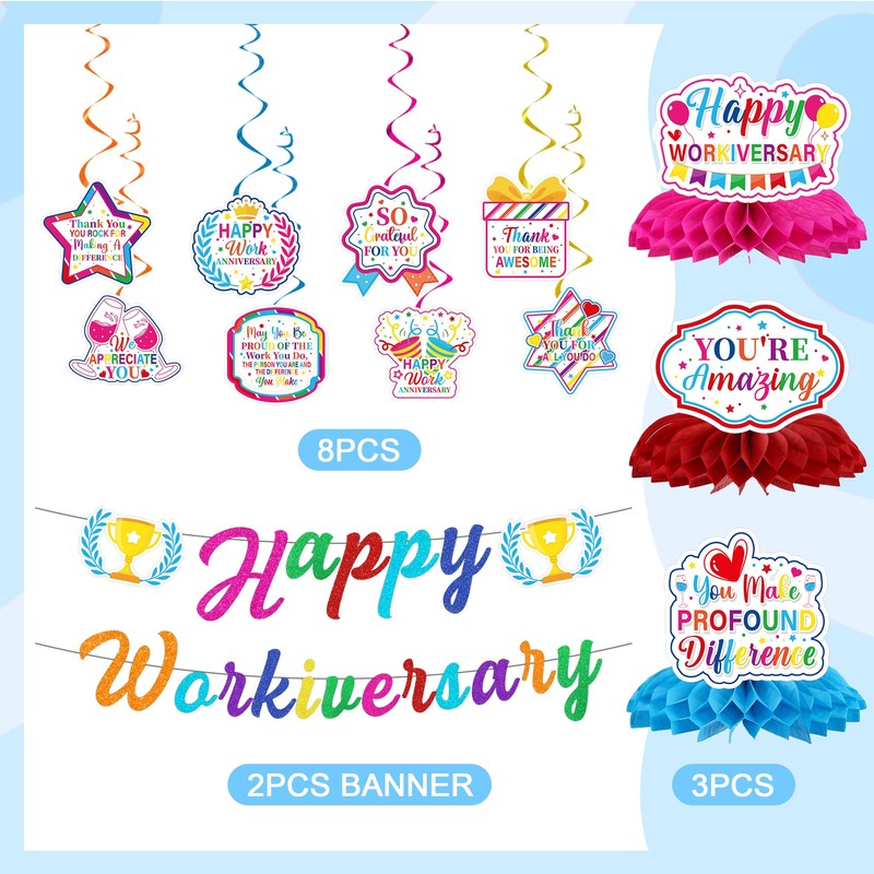 13 Pcs Work Anniversary Decorations, Happy Workiversary Banners with Hanging
