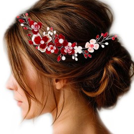 Unicra Red Flower Hair Vine Silver Bridal Wedding Hair Pieces Pearl Hair Accessories for Brides and Women