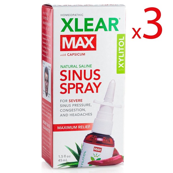 Xlear MAX Saline Nasal Spray, Natural Formula with Xylitol, Capsicum and Aloe, Nasal Decongestant for Sinus Pressure, Headache, Dry Nose for Kids and Adults, 1.5 fl oz (Pack of 3)