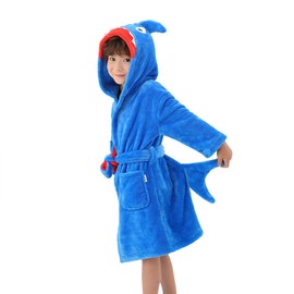 LOLANTA Kids Shark Robe Boys' Bathrobe with Hood Plush Animal Sleepwear Dressing Gown Gift (Blue, 3-5 Years)
