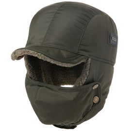 Oversized XXL Men Women Winter Trapper Hat Waterproof Windproof Aviator Cap Faux Fur Earflap Detachable Mask Extra Large Big Head Cold Weather Warm Army Green