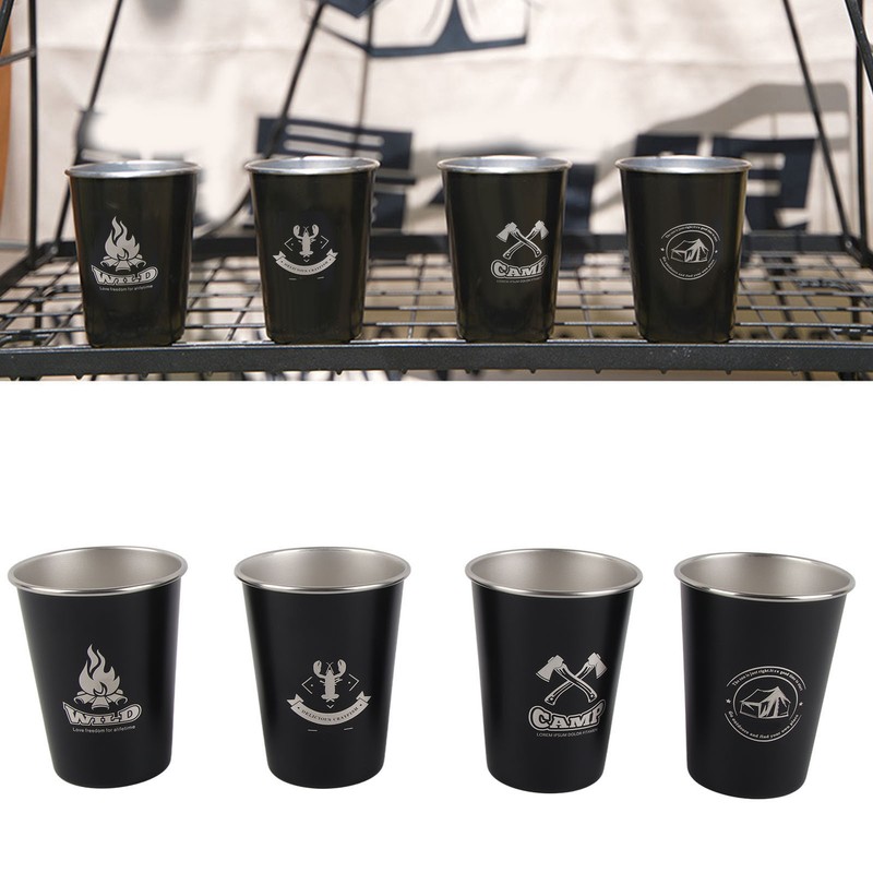 4pcs Camping Cups Black 350ml Outdoor Camping Portable Stainless Steel