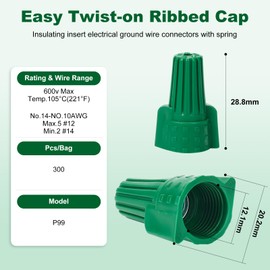Leepenk 300PCS Green Ground Wire Nuts with Hole,14-10 AWG Winged Electrical Wire End Connectors Caps,UL and CSA Certified P99,Twist-On Easy Screw-On for Cable Grounding,Ideal Electrical Connectors