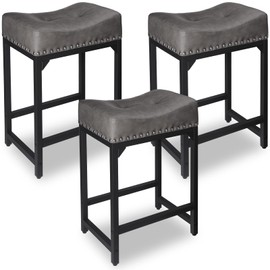 FLYZC Counter Height Bar Stools Set of 3, Stools for Kitchen Island Set of 3, 24 Inch Counter Stool Saddle Backless Barstools for Kitchen Counter -Grey