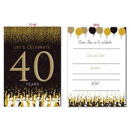 Elcer 40th Birthday Party Invitations | 40 Years celebration | Happy Anniversary | 5 x 7 | Black & Gold | Fill In Style 20 Count with Envelopes | You're Invited | Surprise Party