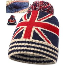 Union Jack Flag Thermal Hat – Bobble Hat – Double Layered Cap – Smart Fitting - UNISEX Boys & Girls, Men & Women – British Flag – Gift Idea - One Size Fits Most - Beanie Hats (Navy Blue + Fur Lining)