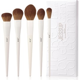 Jessup Set Brochas de Maquillaje,5pcs Pinceles Maquillaje Facial de Vegana para Base,Colorete,Bronceador,Contorno,Resaltador,Pincel para Polvo Esponjosa,Gris Claro T493
