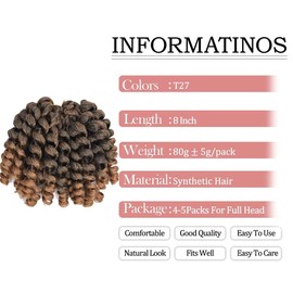 Curl Crochet Hair,8Inch Wand Curl Crochet Braids Hair Ombre Crochet Hair T27 5packs Jamaican Bounce Crochet Hair 80g/pcs Ringlet Twist Hair Extension Crochet Hair (5pcs,T27)