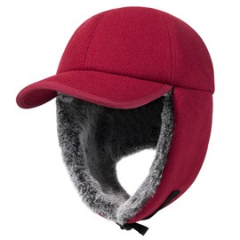 PivotWing Trapper Tropper Ushanka Aviator Baseball Hat Mens Winter Hats with Ear Flaps Warm Fur Elmer Fudd Hat Winter Baseball Cap for Men Women Hunting Outdoor Walking Snow, Burgundy