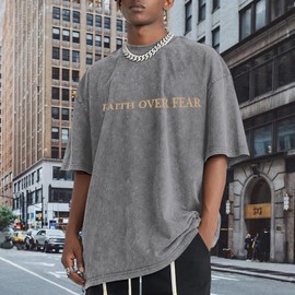 Weetiotio Christian Faith Over Fear Shirt for Men Jesus Religious Shirts Oversized Graphic Tees Acid Wash God T-Shirt(Light Gray,XL(Gold)