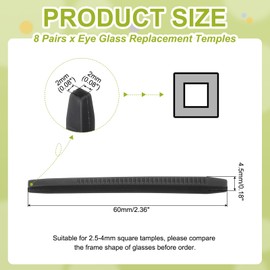 PATIKIL 8 Pairs Eye Glass Replacement Temples, Silicone Anti-Slip Eyeglass End Tips Glasses Retainers Fits 2x2mm for Square Thin Metal Eyeglass Sunglasses Temple, Black